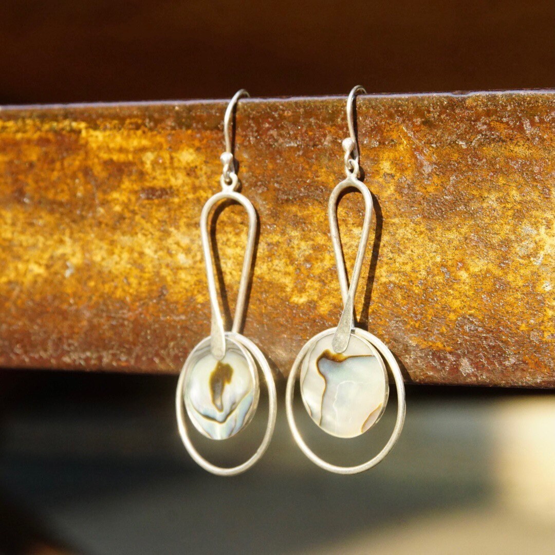 Vintage Modernist Sterling Silver & Abalone Dangle Earrings, Abstract Silver Earrings, Iridescent Shell Inlay, ATI925 Mexico, 2 5/8" Long