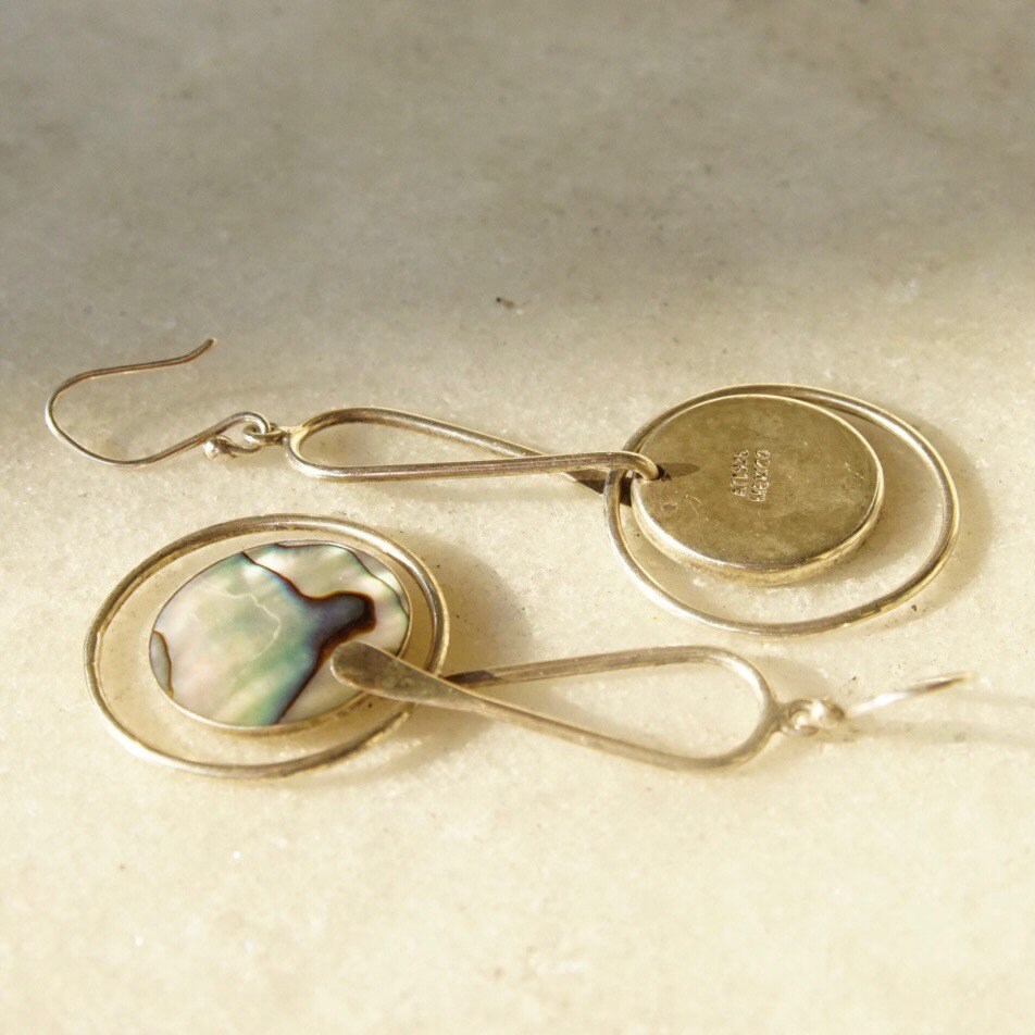 Vintage Modernist Sterling Silver & Abalone Dangle Earrings, Abstract Silver Earrings, Iridescent Shell Inlay, ATI925 Mexico, 2 5/8" Long