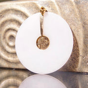 Vintage 14K Gold White Jade Disc Pendant, Chinese Symbol, Large White Nephrite Jade Stone, Gold Necklace Bail, 585 Jewelry