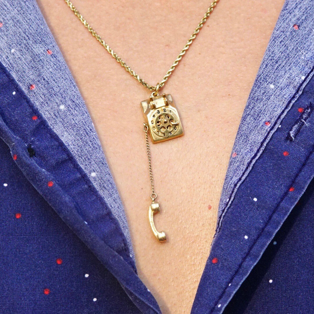 Vintage 14K Yellow Gold Rotary Phone Pendant, 3D Moveable Telephone Charm, Detachable Phone W/ Cord, Old School Phone Charm/Pendant, 585