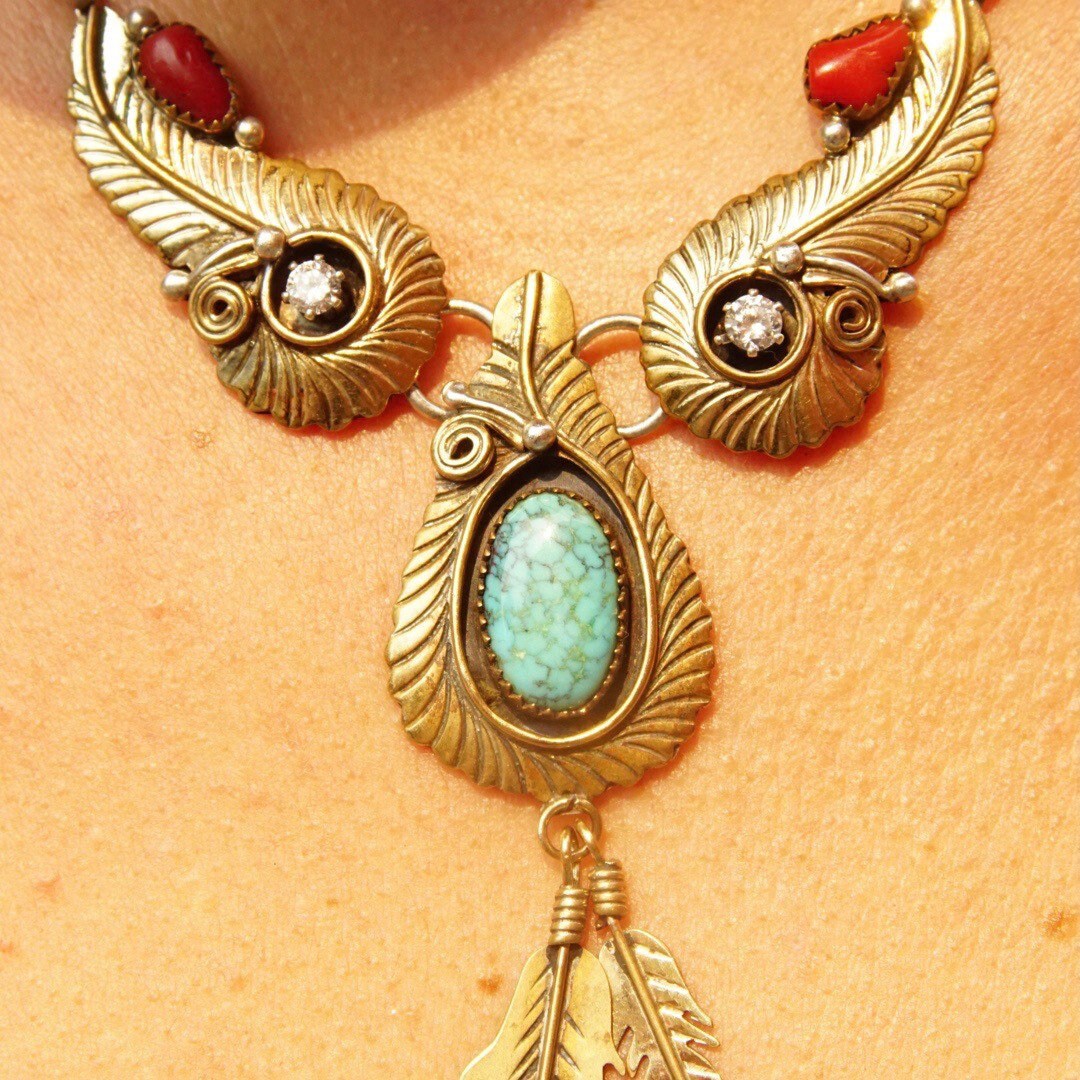 Vintage Native American Two-Tone Turquoise Coral and CZ Diamond Pendant Necklace, Faux Turquoise, Gold & Silver, Feather Tassels, Adjustable
