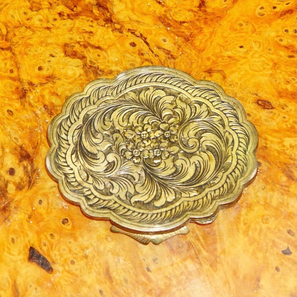 Antique Italian 800 Silver Gilt Scenic Hand-Painted Enamel Powder Compact Mirror W/ Ornate Engraved Designs, 3 3/4"