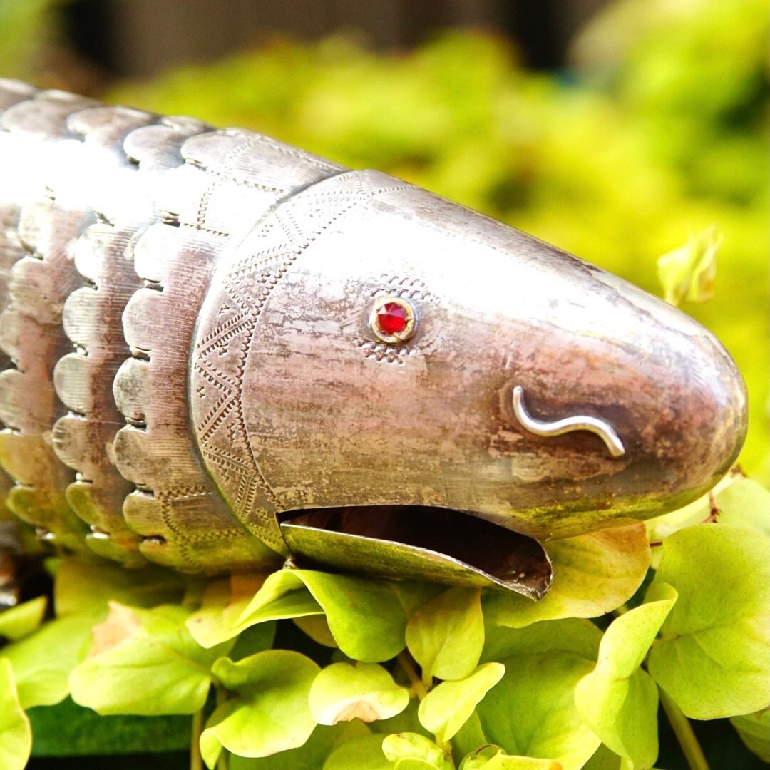 Antique Judaica 800 Silver Articulated Fish Spice Box With Red Jeweled Eyes, Large Standing Silver Spice Fish, Engraved Details, Hinge Mouth