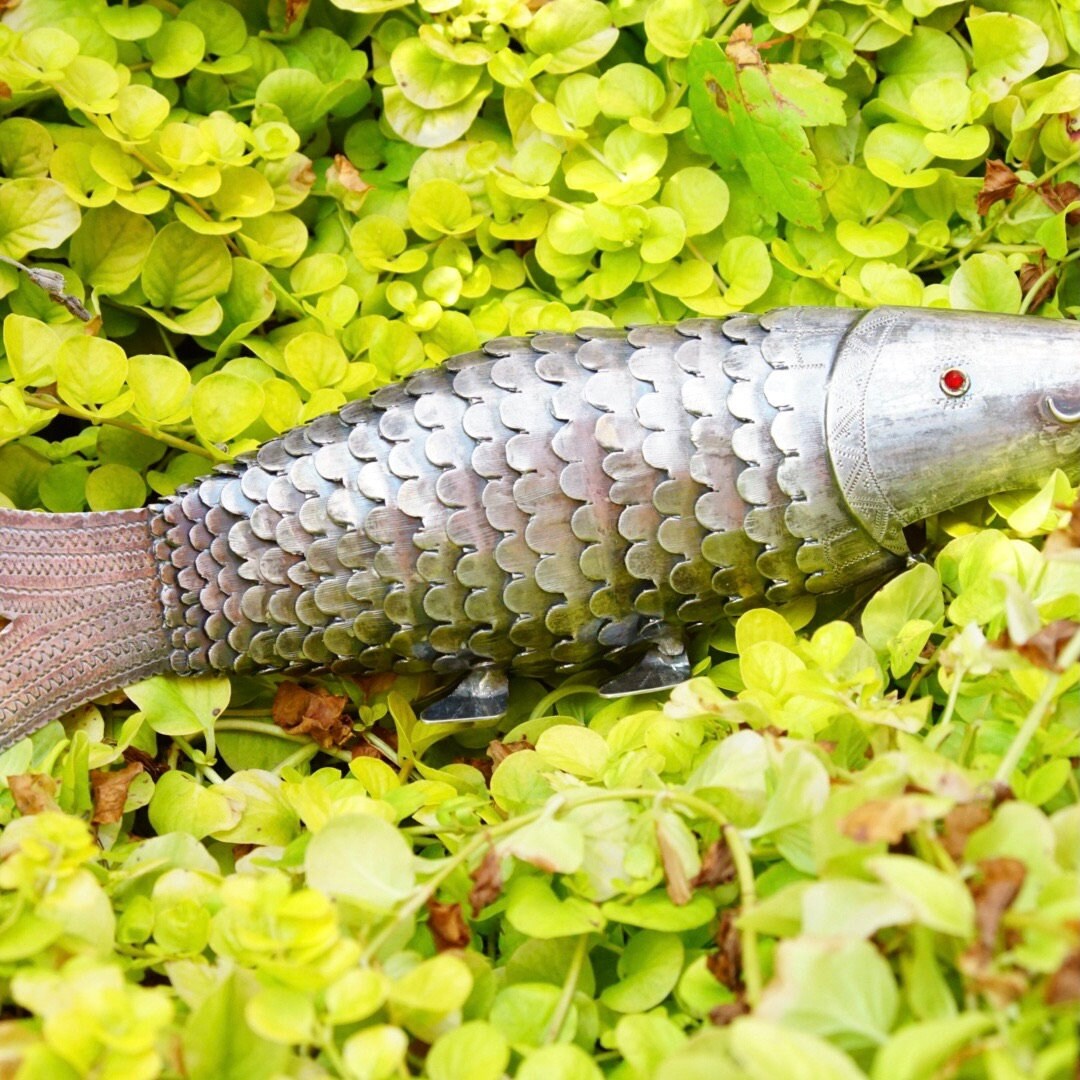 Antique Judaica 800 Silver Articulated Fish Spice Box With Red Jeweled Eyes, Large Standing Silver Spice Fish, Engraved Details, Hinge Mouth