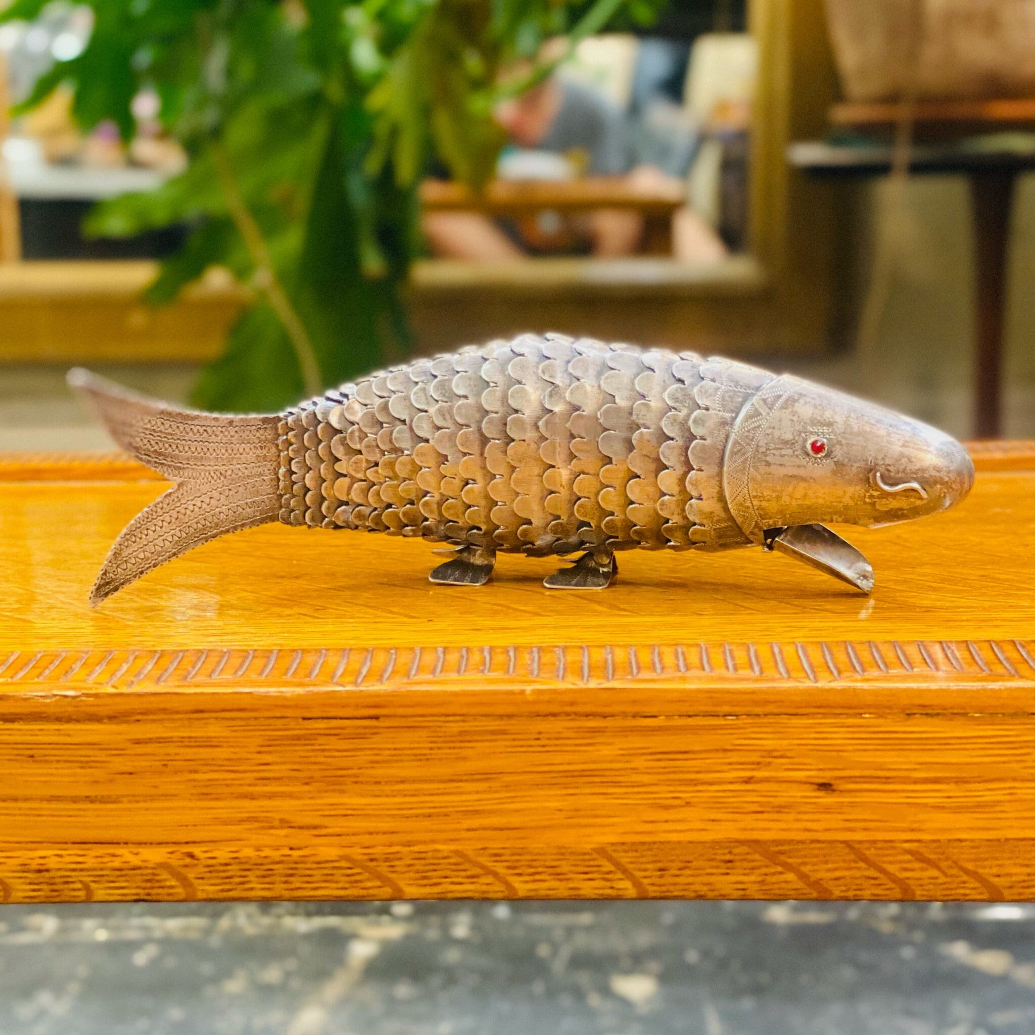 Antique Judaica 800 Silver Articulated Fish Spice Box With Red Jeweled Eyes, Large Standing Silver Spice Fish, Engraved Details, Hinge Mouth