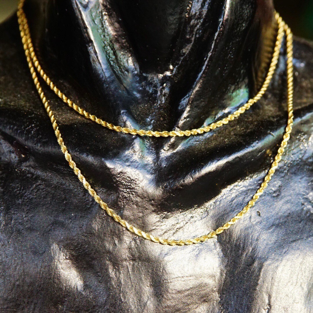 Vintage 14k Gold Rope Chain Necklace, 2mm, Long Yellow Gold Necklace, Unisex Chain, 24" Long