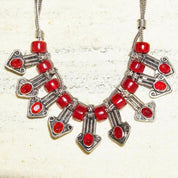 Vintage Jeweled Silver Bib Choker Necklace, Ornate Silver Arrow Pendant With Red Gems & Beads, Two-Strand Foxtail Chain, 18" Long