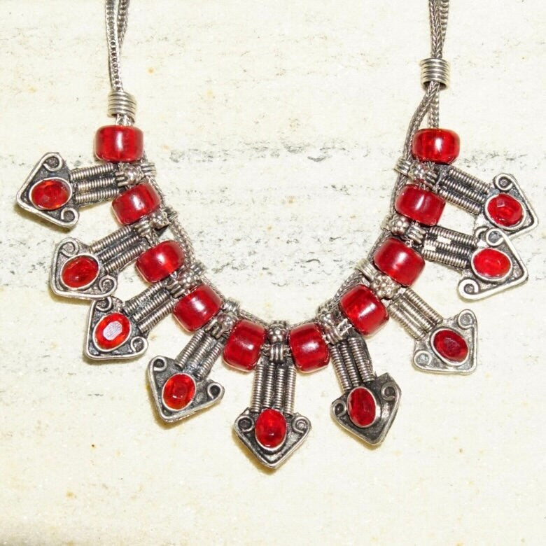 Vintage Jeweled Silver Bib Choker Necklace, Ornate Silver Arrow Pendant With Red Gems & Beads, Two-Strand Foxtail Chain, 18" Long