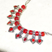 Vintage Jeweled Silver Bib Choker Necklace, Ornate Silver Arrow Pendant With Red Gems & Beads, Two-Strand Foxtail Chain, 18" Long