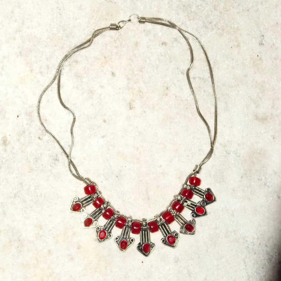 Vintage Jeweled Silver Bib Choker Necklace, Ornate Silver Arrow Pendant With Red Gems & Beads, Two-Strand Foxtail Chain, 18" Long