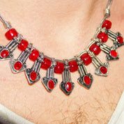 Vintage Jeweled Silver Bib Choker Necklace, Ornate Silver Arrow Pendant With Red Gems & Beads, Two-Strand Foxtail Chain, 18" Long