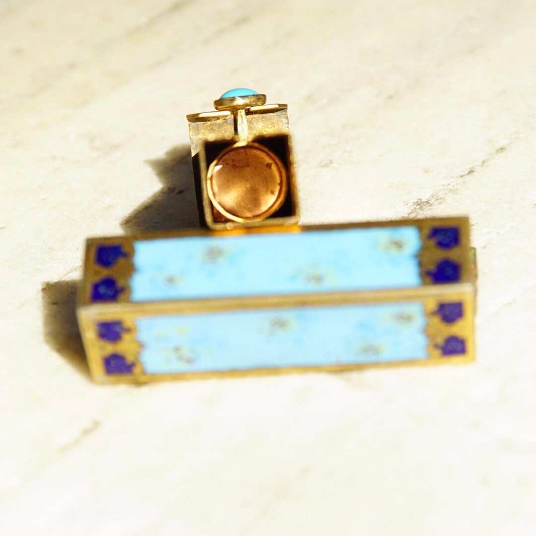 Antique Italian 800 Silver Gilt Enamel Hand Painted Engraved Lipstick Case With Small Mirror, Musical Maidens In Garden, Light Blue Enamel