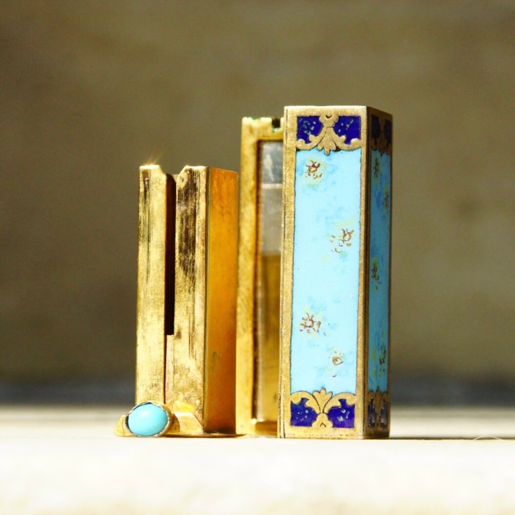 Antique Italian 800 Silver Gilt Enamel Hand Painted Engraved Lipstick Case With Small Mirror, Musical Maidens In Garden, Light Blue Enamel