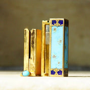 Antique Italian 800 Silver Gilt Enamel Hand Painted Engraved Lipstick Case With Small Mirror, Musical Maidens In Garden, Light Blue Enamel