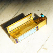 Antique Italian 800 Silver Gilt Enamel Hand Painted Engraved Lipstick Case With Small Mirror, Musical Maidens In Garden, Light Blue Enamel