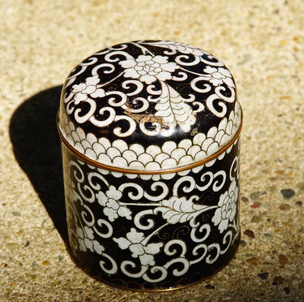 Vintage Chinese Cloisonne Enamel Round Brass Box With Lid, Antique Tea Caddy, Black & White Floral Designs, Blue Enameling, Gold Trim
