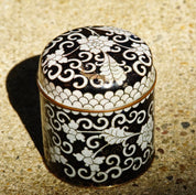 Vintage Chinese Cloisonne Enamel Round Brass Box With Lid, Antique Tea Caddy, Black & White Floral Designs, Blue Enameling, Gold Trim