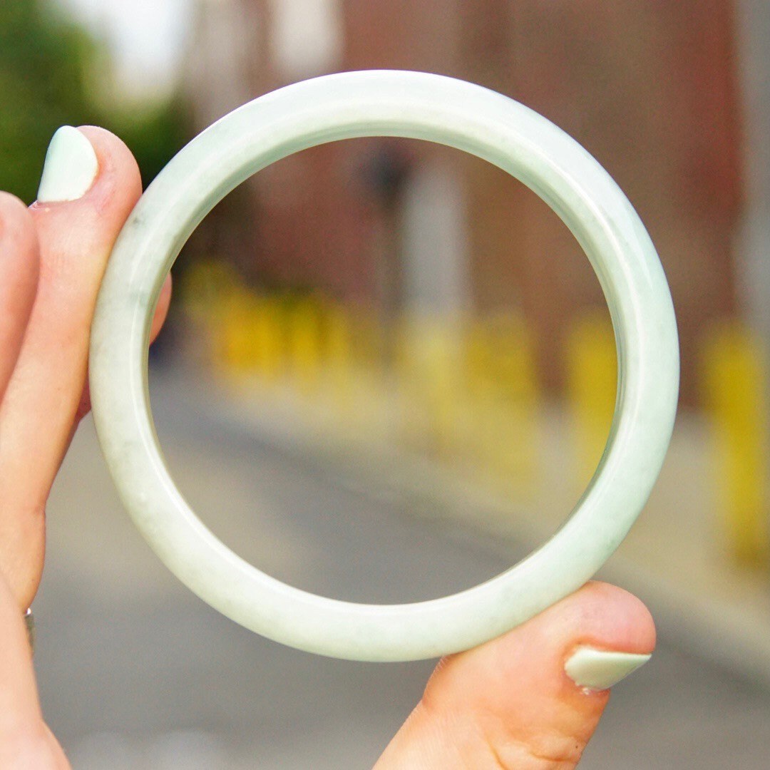 Vintage Mid Century Jade Bangle, 54g, Solid Jade Bangle Bracelet, Light Green Marbled Jade, 7" Long