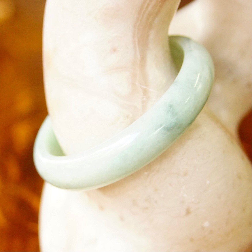 Vintage Mid Century Jade Bangle, 54g, Solid Jade Bangle Bracelet, Light Green Marbled Jade, 7" Long