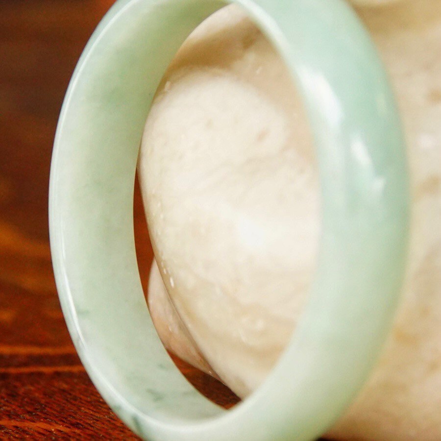 Vintage Mid Century Jade Bangle, 54g, Solid Jade Bangle Bracelet, Light Green Marbled Jade, 7" Long