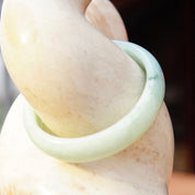 Vintage Mid Century Jade Bangle, 54g, Solid Jade Bangle Bracelet, Light Green Marbled Jade, 7" Long