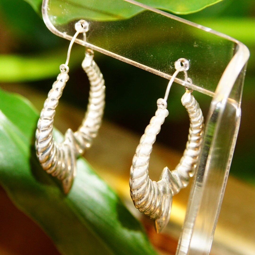 Vintage Sterling Silver Repousse Hoop Earrings, Rippled Hollow U-Shape Dangle Earrings, Ornate Silver Huggie Hoops With Accent Flare, 2" L