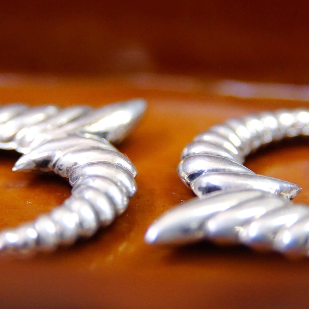 Vintage Sterling Silver Repousse Hoop Earrings, Rippled Hollow U-Shape Dangle Earrings, Ornate Silver Huggie Hoops With Accent Flare, 2" L
