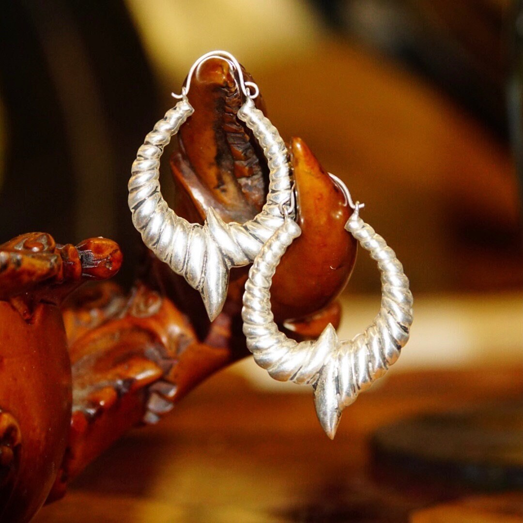 Vintage Sterling Silver Repousse Hoop Earrings, Rippled Hollow U-Shape Dangle Earrings, Ornate Silver Huggie Hoops With Accent Flare, 2" L