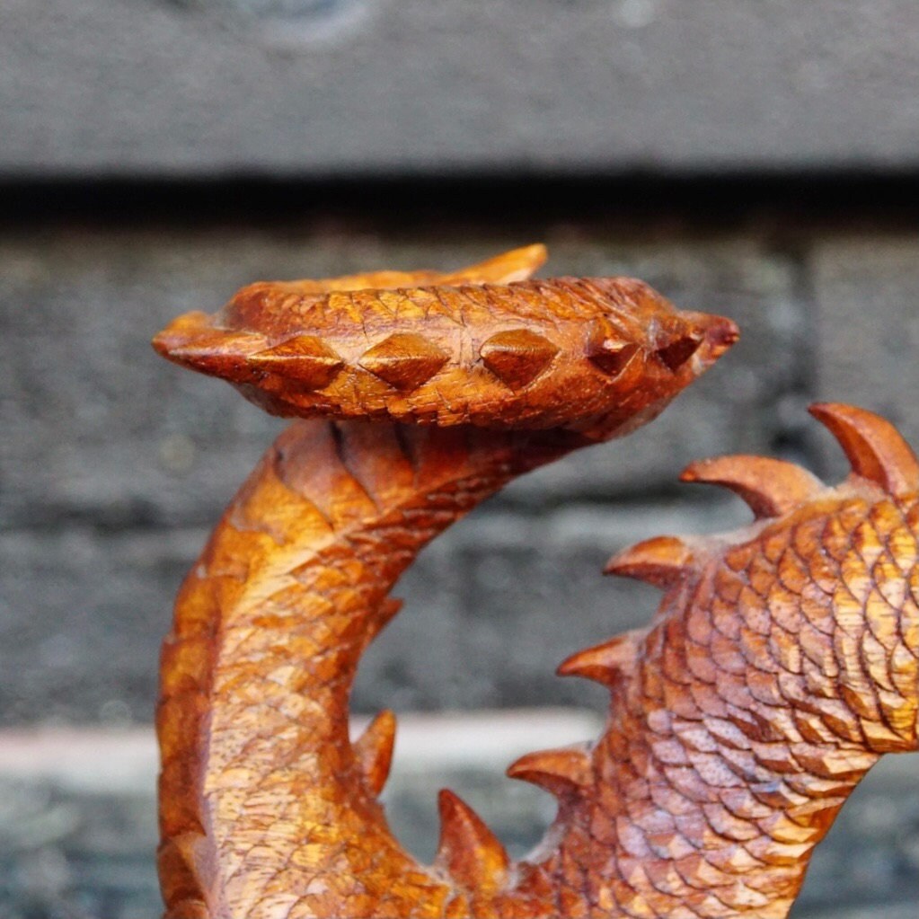 Vintage Signed Hand Carved Wood Dragon Sculpture, Incredibly Detailed Carved Wood Statue, Japenese/Chinese Crawling Dragon, 10" L x 5 1/2" H