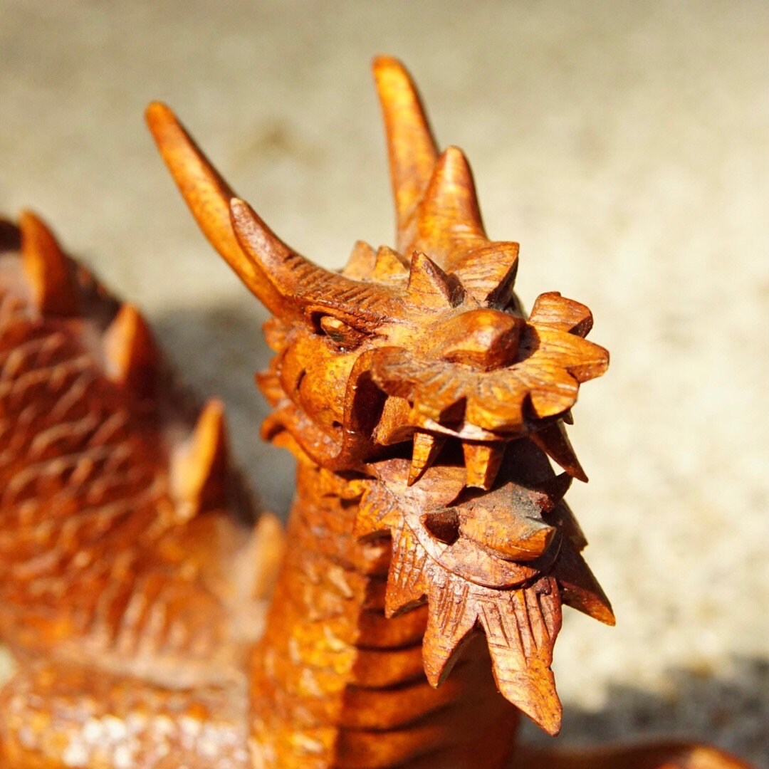 Vintage Signed Hand Carved Wood Dragon Sculpture, Incredibly Detailed Carved Wood Statue, Japenese/Chinese Crawling Dragon, 10" L x 5 1/2" H