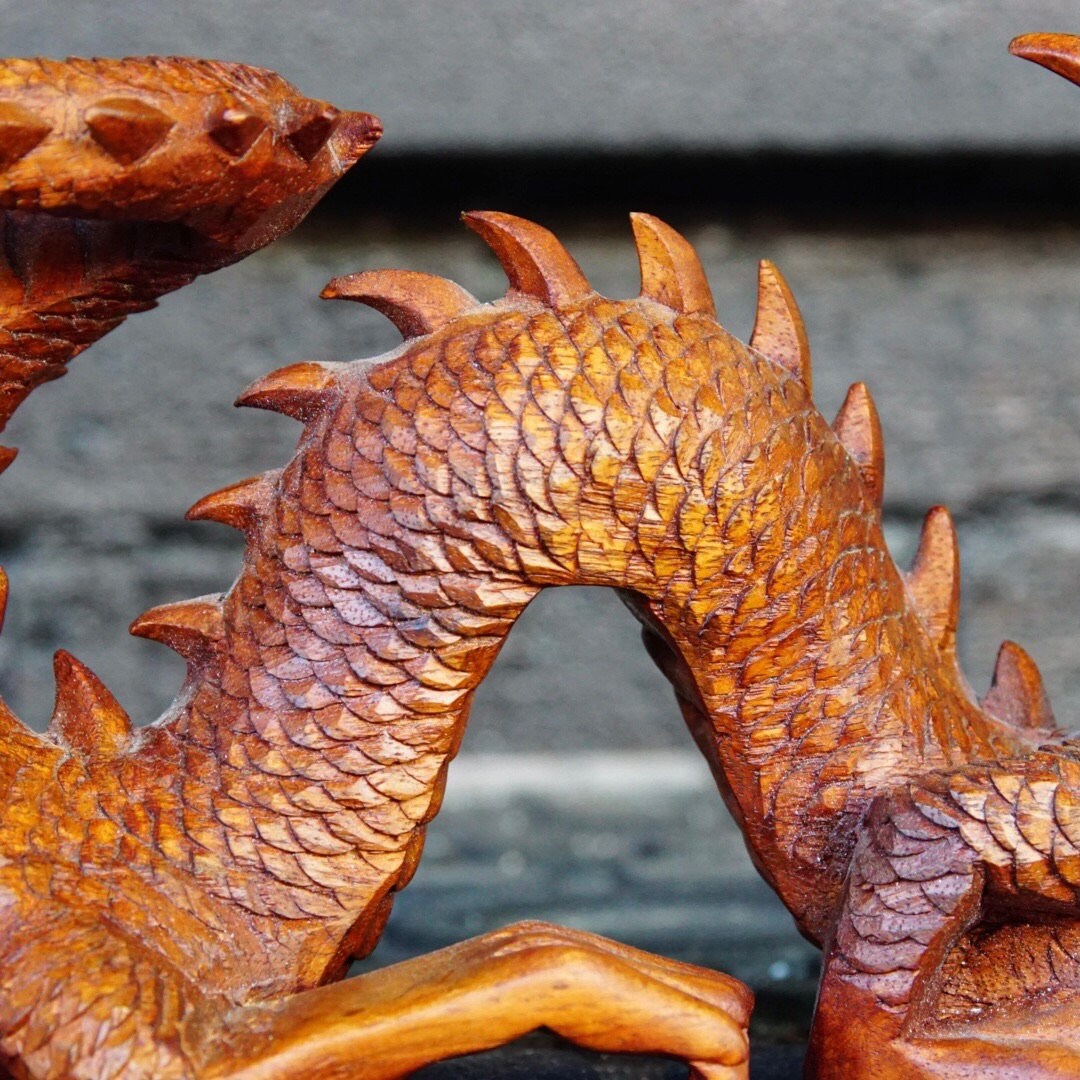 Vintage Signed Hand Carved Wood Dragon Sculpture, Incredibly Detailed Carved Wood Statue, Japenese/Chinese Crawling Dragon, 10" L x 5 1/2" H