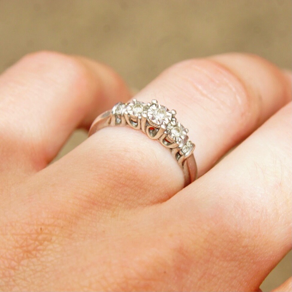 Vintage Sterling Silver Cubic Zirconium Diamond Engagement Ring, Tiered Cathedral CZ Diamond Ring, Modest Engagement Ring, Size 7 1/2 US