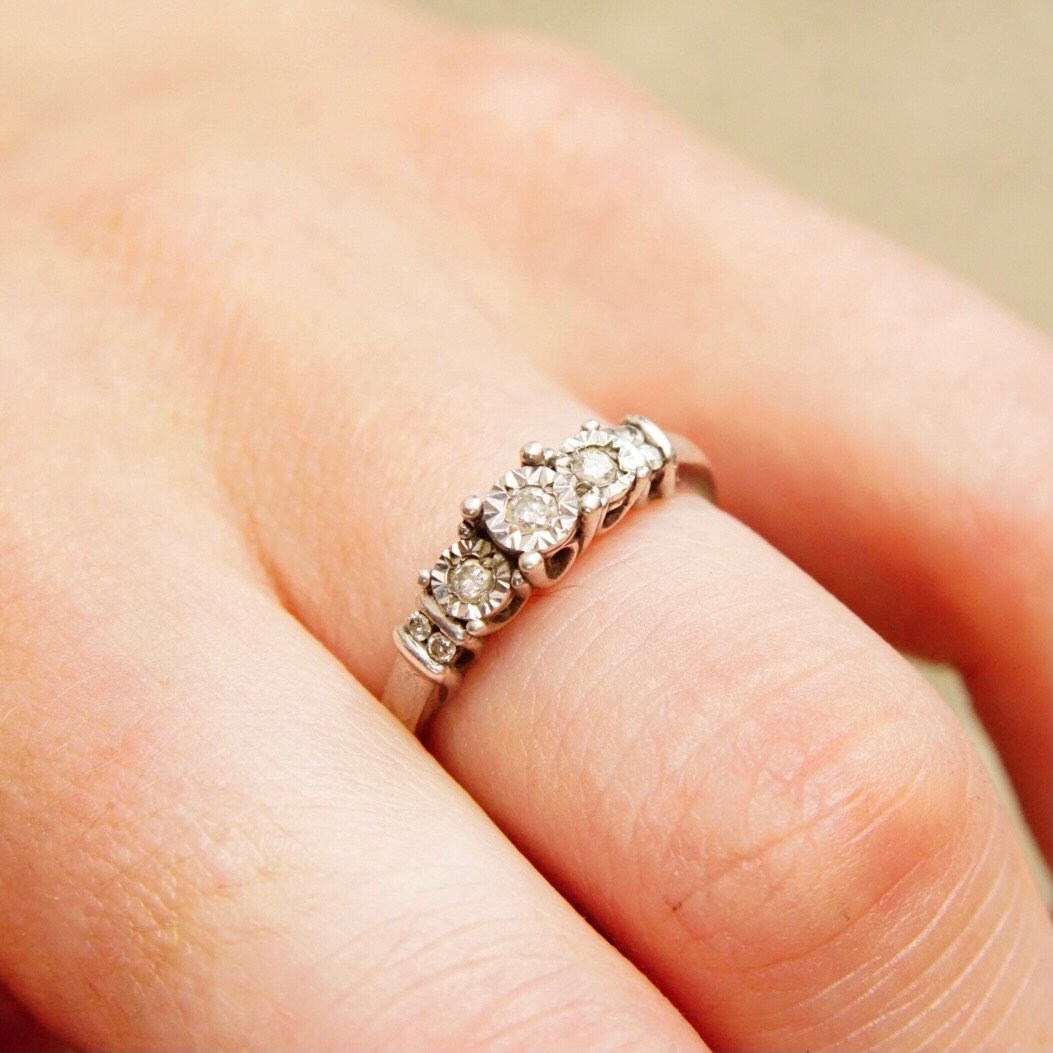 Vintage Sterling Silver Cubic Zirconium Diamond Engagement Ring, Tiered Cathedral CZ Diamond Ring, Modest Engagement Ring, Size 7 1/2 US