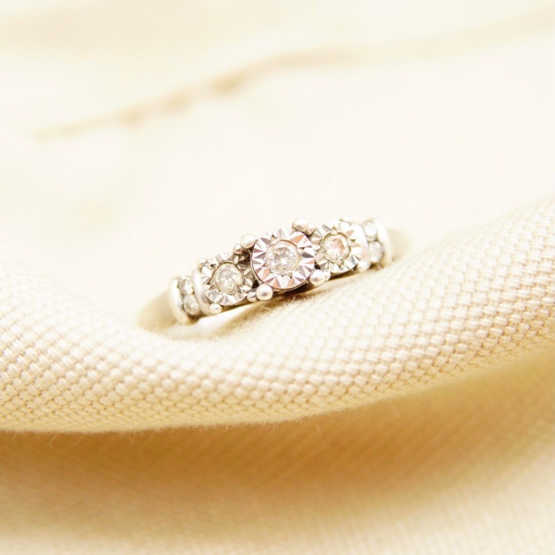 Vintage Sterling Silver Cubic Zirconium Diamond Engagement Ring, Tiered Cathedral CZ Diamond Ring, Modest Engagement Ring, Size 7 1/2 US