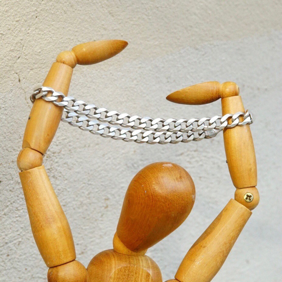 Vintage Italian Sterling Silver Curb Chain Bracelet, 7mm Flat Cuban Link Chain, Solid Silver Chain Link Bracelet, 925 Italy, 9" Long
