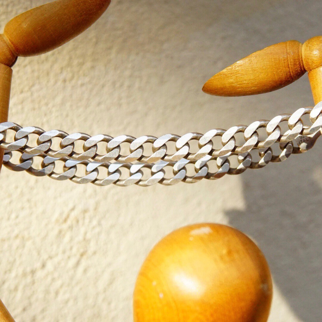 Vintage Italian Sterling Silver Curb Chain Bracelet, 7mm Flat Cuban Link Chain, Solid Silver Chain Link Bracelet, 925 Italy, 9" Long