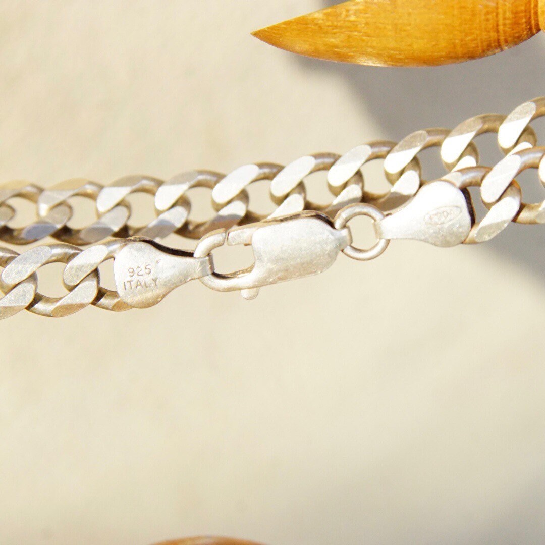 Vintage Italian Sterling Silver Curb Chain Bracelet, 7mm Flat Cuban Link Chain, Solid Silver Chain Link Bracelet, 925 Italy, 9" Long