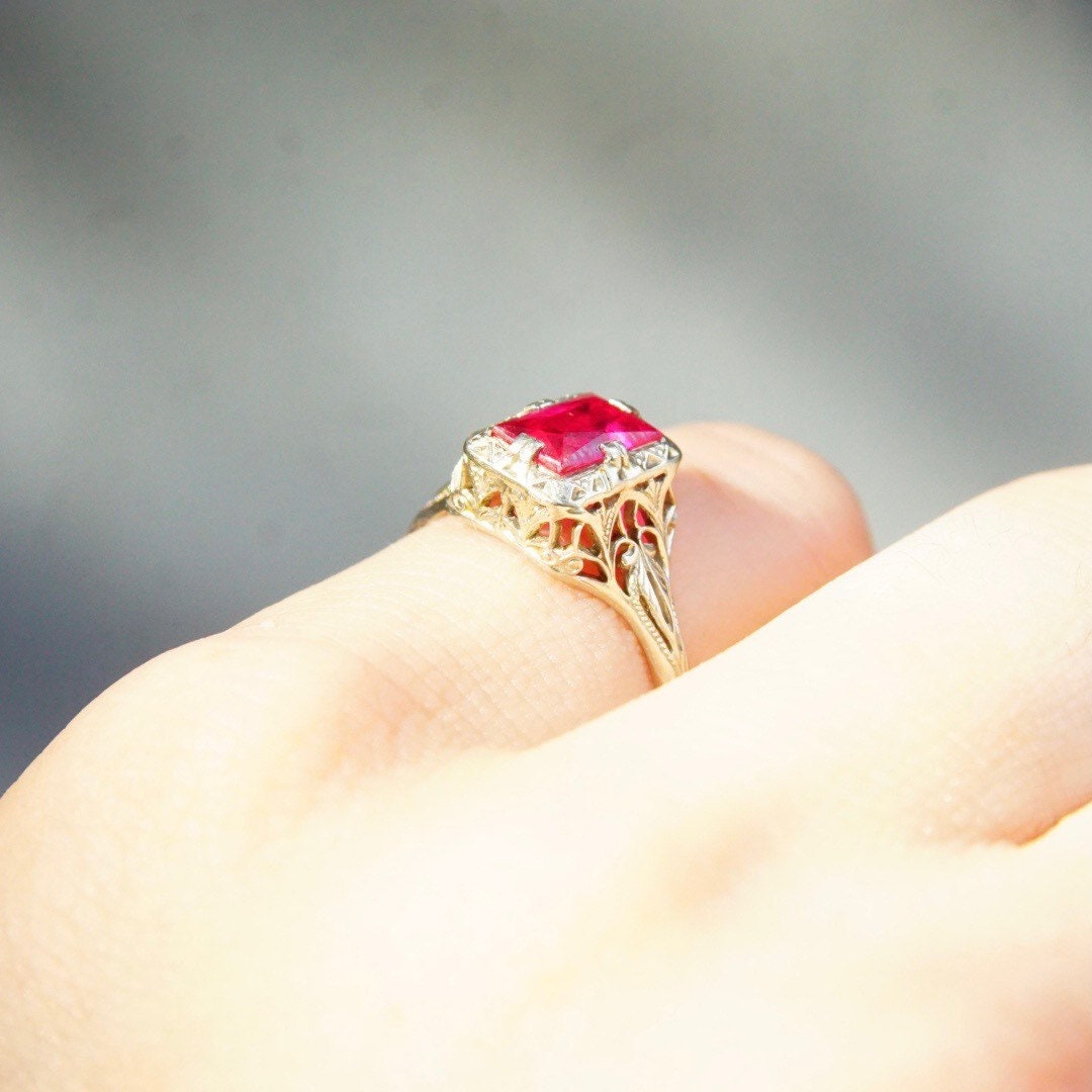 Vintage Art Deco 14K White Gold Filigree Ruby Ring, Pink Ruby, Emerald Cut Gemstone, Ornate Gold Ring, Ruby Engagement Ring, Size 7 US