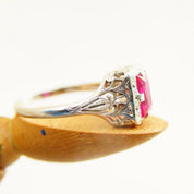 Vintage Art Deco 14K White Gold Filigree Ruby Ring, Pink Ruby, Emerald Cut Gemstone, Ornate Gold Ring, Ruby Engagement Ring, Size 7 US