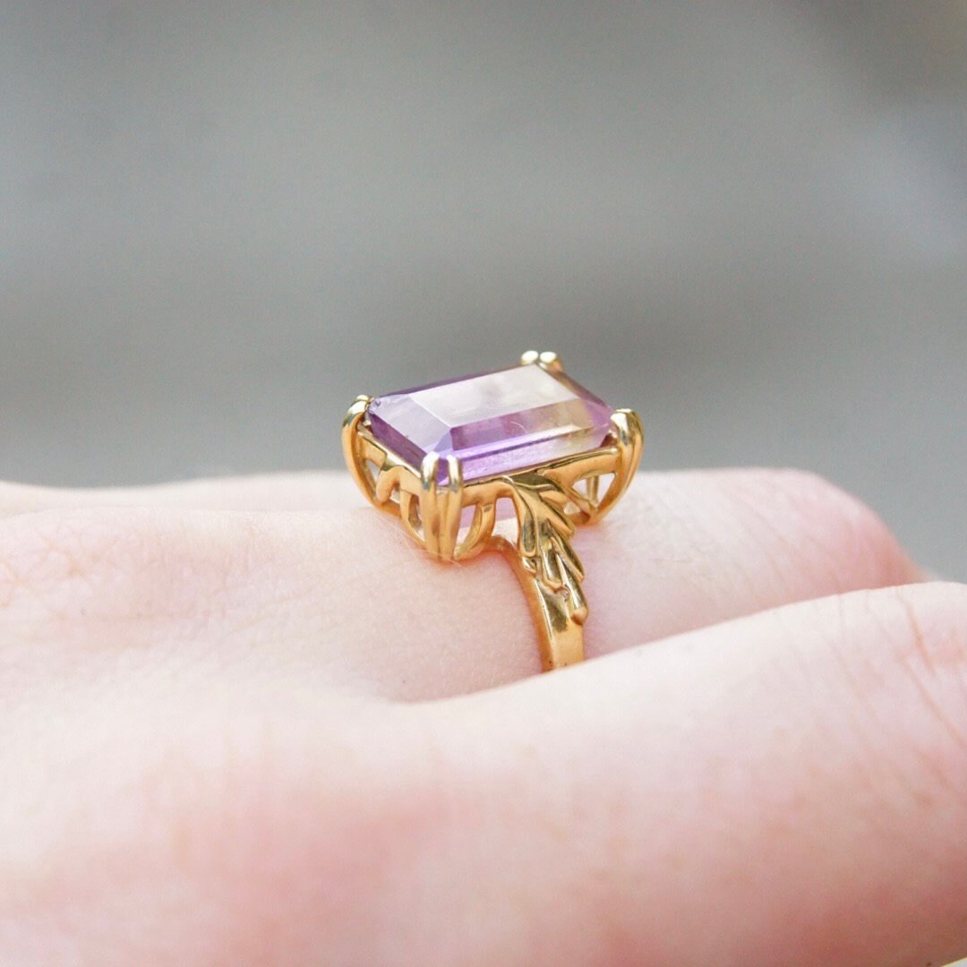 Vintage 14K Gold & Ametrine Gemstone Cocktail Ring, Large Emerald Cut Stone, Ornate Gold Cathedral Setting, Statement Ring, Size 8 1/4 US