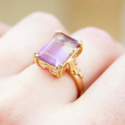 Vintage 14K Gold & Ametrine Gemstone Cocktail Ring, Large Emerald Cut Stone, Ornate Gold Cathedral Setting, Statement Ring, Size 8 1/4 US