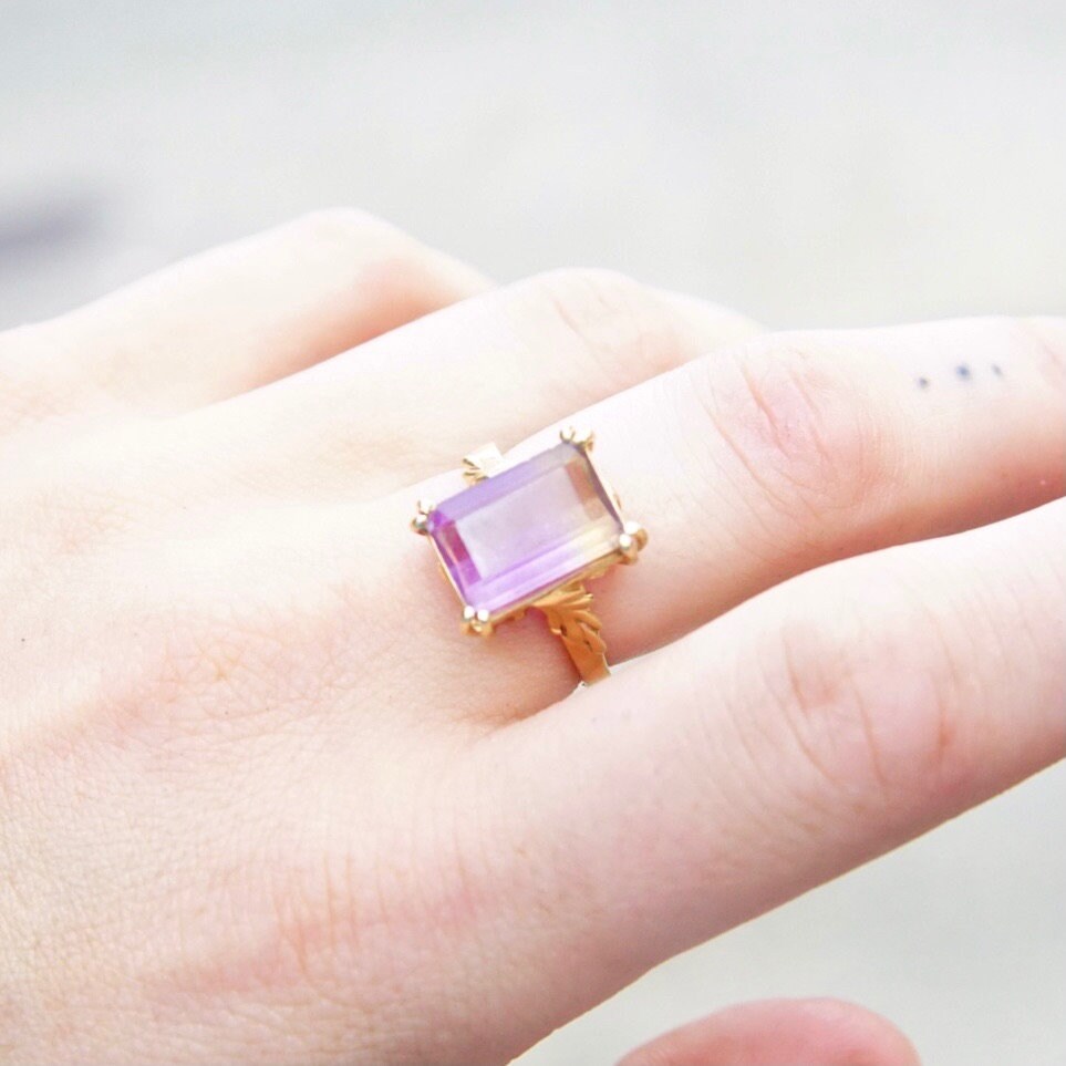 Vintage 14K Gold & Ametrine Gemstone Cocktail Ring, Large Emerald Cut Stone, Ornate Gold Cathedral Setting, Statement Ring, Size 8 1/4 US