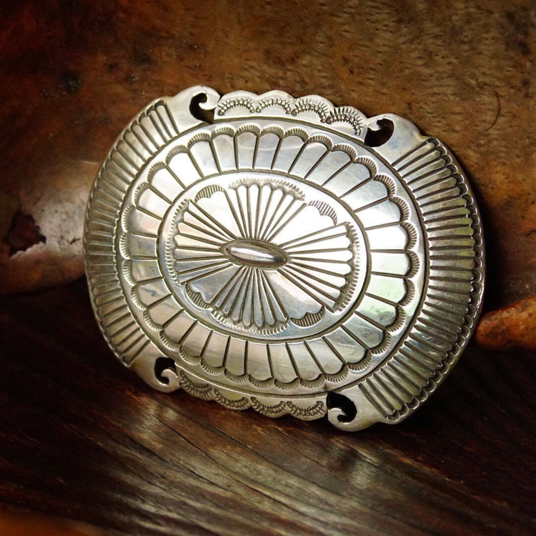Vintage Signed Martinez Sterling Silver Navajo Belt Buckle, Huge Hammered Silver Concho Buckle, Native American Old Pawn, 4" W x 3" L