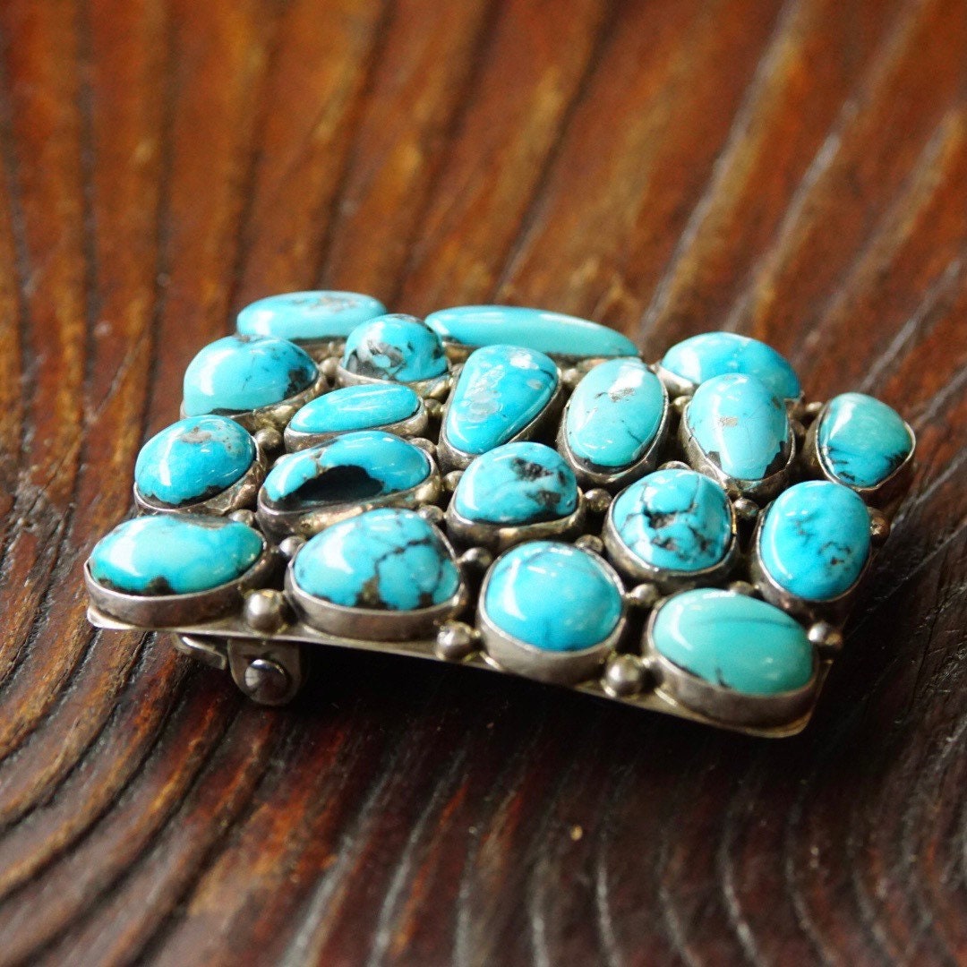 Vintage Signed BP Sterling Navajo Chunky Turquoise Cluster Belt Buckle, Rectangular Buckle Set With 19 Turquoise Stones, 2 1/2" W