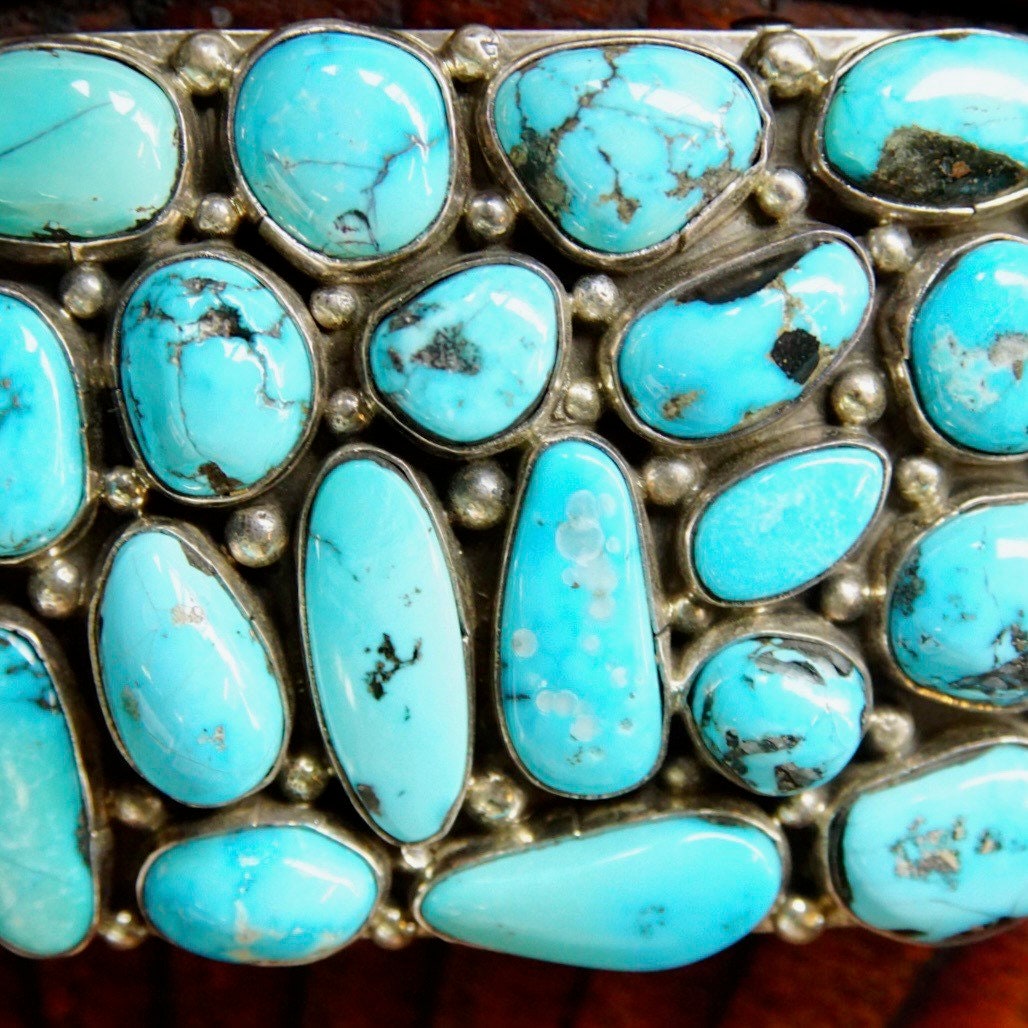 Vintage Signed BP Sterling Navajo Chunky Turquoise Cluster Belt Buckle, Rectangular Buckle Set With 19 Turquoise Stones, 2 1/2" W