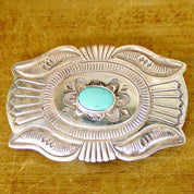 Vintage Signed Navajo Martinez Sterling Silver Turquoise Belt Buckle, Hammered Silver Concho Buckle, Native American Old Pawn, 3 1/2" W