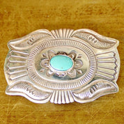 Vintage Signed Navajo Martinez Sterling Silver Turquoise Belt Buckle, Hammered Silver Concho Buckle, Native American Old Pawn, 3 1/2" W