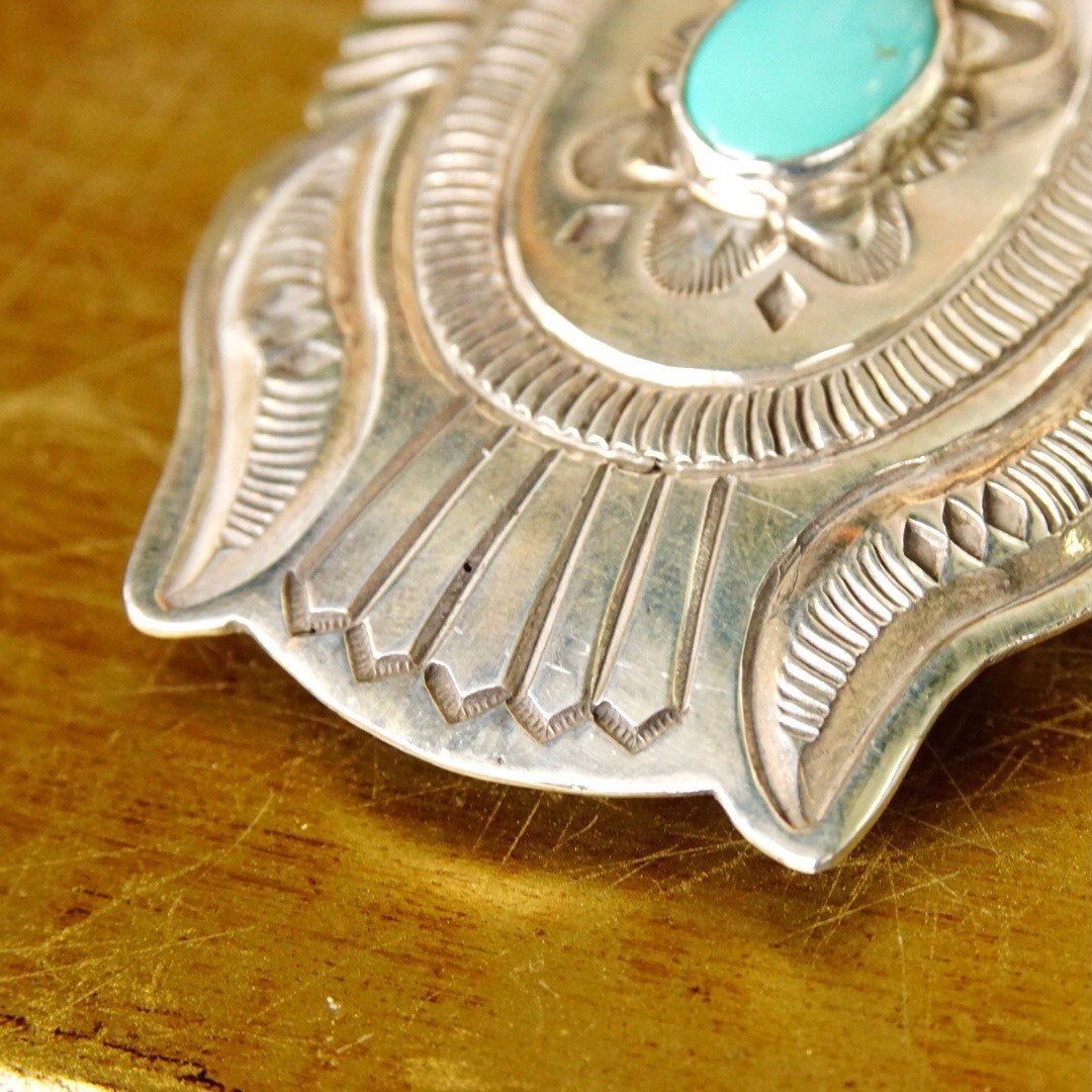 Vintage Signed Navajo Martinez Sterling Silver Turquoise Belt Buckle, Hammered Silver Concho Buckle, Native American Old Pawn, 3 1/2" W