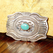 Vintage Signed Navajo Martinez Sterling Silver Turquoise Belt Buckle, Hammered Silver Concho Buckle, Native American Old Pawn, 3 1/2" W