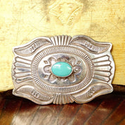 Vintage Signed Navajo Martinez Sterling Silver Turquoise Belt Buckle, Hammered Silver Concho Buckle, Native American Old Pawn, 3 1/2" W